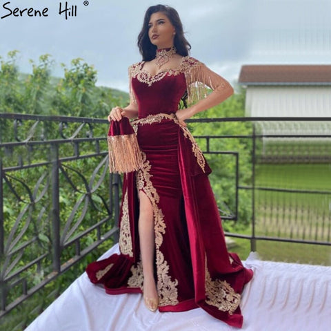 Velvet Wine Red With Detachable Train Evening Gowns   Split Luxury Tassel Sexy For Women Party 2025 LA70789