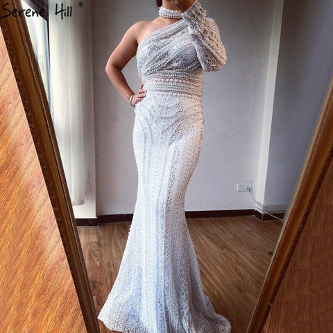 White High Collar One Shoulder 2025 Pearls Lace  Party Wear Luxury Mermaid Evening Formal Dresses For Women LA70462