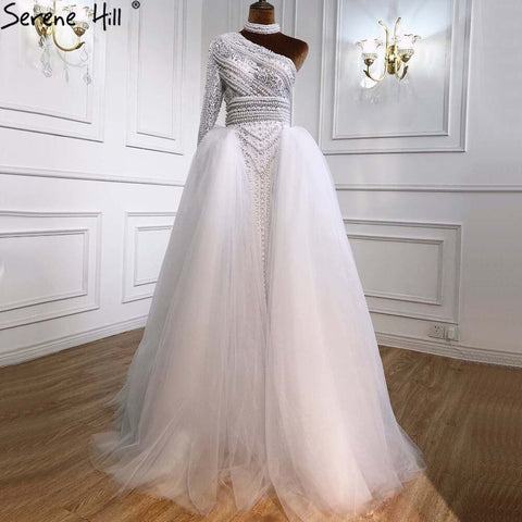 White High Collar One Shoulder 2025 Pearls Lace  Party Wear Luxury Mermaid Evening Formal Dresses For Women LA70462