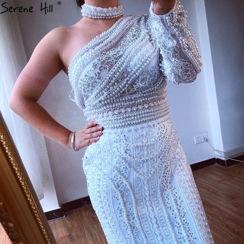 White High Collar One Shoulder 2025 Pearls Lace  Party Wear Luxury Mermaid Evening Formal Dresses For Women LA70462