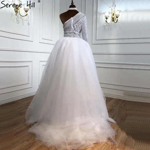 White High Collar One Shoulder 2025 Pearls Lace  Party Wear Luxury Mermaid Evening Formal Dresses For Women LA70462