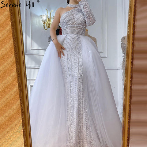 White High Collar One Shoulder 2025 Pearls Lace  Party Wear Luxury Mermaid Evening Formal Dresses For Women LA70462