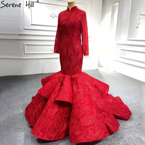 Serenr Hill Muslim Red  Mermaid Vintage Wedding Dresses 2025 Elegant Lace Up Bridal Gowns HM66614M Custom Made