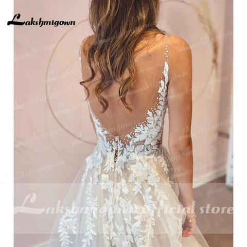 Robe de mariée sexy dos nu en dentelle vintage, appliques perlées, tulle blanc cassé, robe de mariée longue 