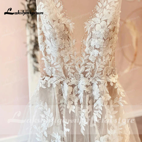 Robe de mariée sexy dos nu en dentelle vintage, appliques perlées, tulle blanc cassé, robe de mariée longue 