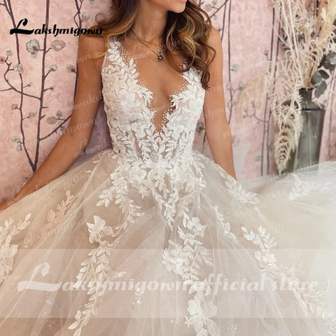 Robe de mariée sexy dos nu en dentelle vintage, appliques perlées, tulle blanc cassé, robe de mariée longue 