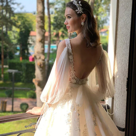 Sexy Deep V Neck Wedding Dress A-Line 3/4 Sleeve Open Back Tulle Lace Appliquéd Boho Bridal Gown Vestidos Custom