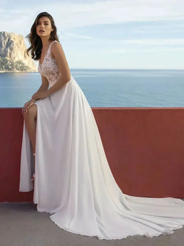 Sexy High Split Boho Chiffon Beach Wedding Dresses Summer V Neck Illusion Back Lace Bride Wedding Gowns Vestidos De Noiva