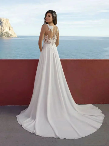 Sexy High Split Boho Chiffon Beach Wedding Dresses Summer V Neck Illusion Back Lace Bride Wedding Gowns Vestidos De Noiva
