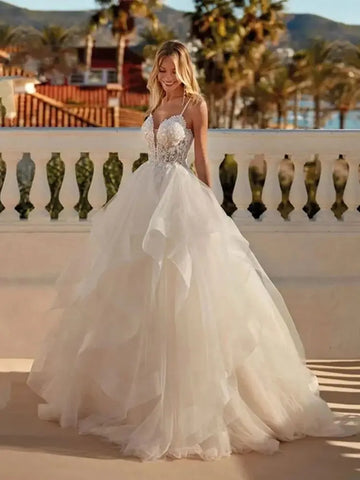 Sexy Lace Appliques V Neck Wedding Dresses Exquisite Tiered A Line Tulle Ball Gowns For Woman Formal Bride Beach Party Vestidos