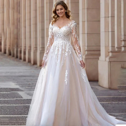 Sexy Lace Simple Elegant Mopping Wedding Dresses V-neck Long Sleeves Plain White Pretty Fascinating Bridal Gowns Backless 2023
