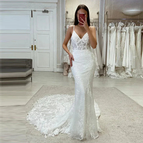 Sexy Off Shoulder Mermaid Mopping Wedding Dresses V Neck Bride Gowns Sleeveless Bridal Robes Appliques Backless Lace Charming