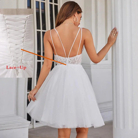 Vestido de novia corto sexy con tirantes y apliques de cuentas, minivestido de tul brillante para mujer 