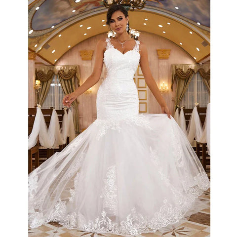 Sexy Sleeveless Sweetheart Wedding Dresses Women Gorgeous Lace Applique Mermaid Bridal Gowns Pleated Backless Formal Party Robe