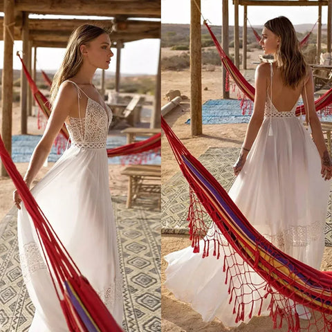 Sexy Spaghetti Straps A-line Deep V-Neck Backless Wedding Dresses  Sleeveless robe de mariée Bridal Gowns vestidos de novia 2023