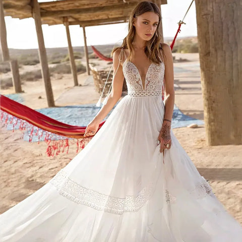 Sexy Spaghetti Straps A-line Deep V-Neck Backless Wedding Dresses  Sleeveless robe de mariée Bridal Gowns vestidos de novia 2023