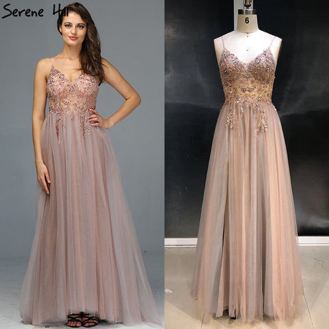 Sexy Spaghetti Straps Evening Dresses 2025 V-Neck Rhinestones Beading Formal Prom Gowns with Split robe de soiree LA60963