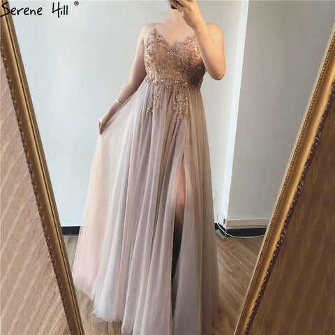Sexy Spaghetti Straps Evening Dresses 2025 V-Neck Rhinestones Beading Formal Prom Gowns with Split robe de soiree LA60963