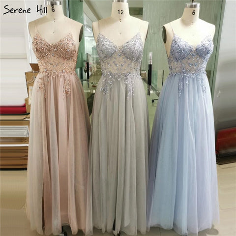 Sexy Spaghetti Straps Evening Dresses 2025 V-Neck Rhinestones Beading Formal Prom Gowns with Split robe de soiree LA60963