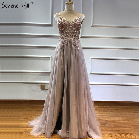 Sexy Spaghetti Straps Evening Dresses 2025 V-Neck Rhinestones Beading Formal Prom Gowns with Split robe de soiree LA60963