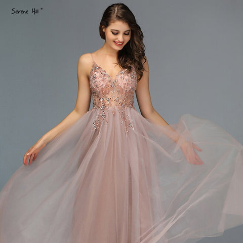 Sexy Spaghetti Straps Evening Dresses 2025 V-Neck Rhinestones Beading Formal Prom Gowns with Split robe de soiree LA60963