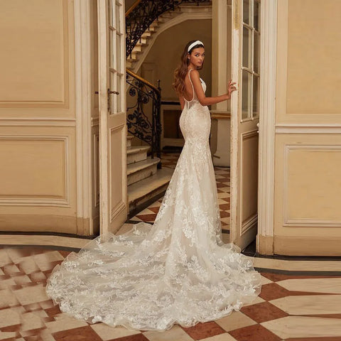 Sexy Spaghetti Straps Mermaid Vestidos De Novia Appliques Vestido De Noiva V-Neck Wedding Dresses Lace Robe De Mariée