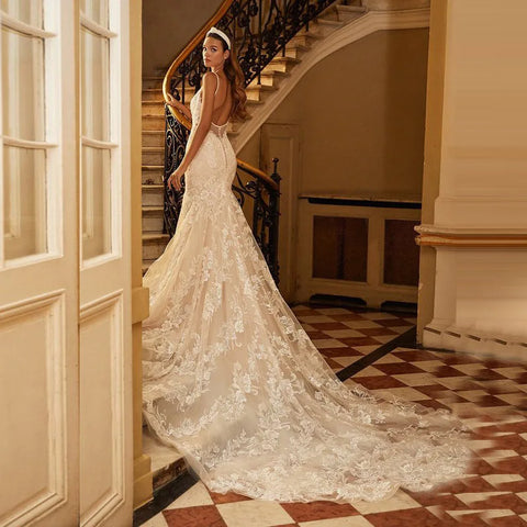 Sexy Spaghetti Straps Mermaid Vestidos De Novia Appliques Vestido De Noiva V-Neck Wedding Dresses Lace Robe De Mariée