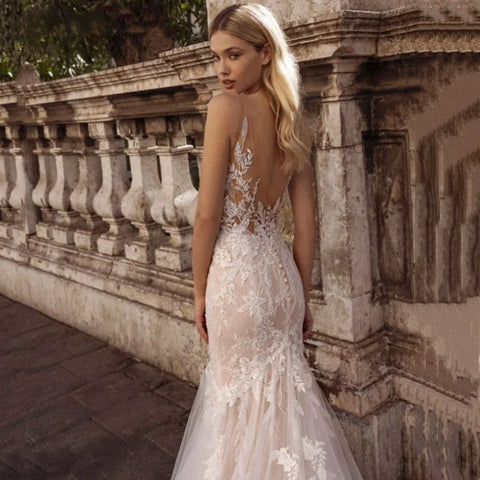 Sexy Spaghetti Straps Vestidos De Novia Lace V-Neck Mermaid Wedding Dresses Appliques Backless Vestido De Noiva