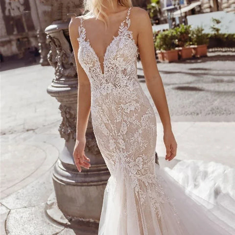 Sexy Spaghetti Straps Vestidos De Novia Lace V-Neck Mermaid Wedding Dresses Appliques Backless Vestido De Noiva