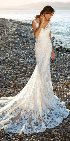 Sexy V-Neck Backless Mermaid Vestidos De Novia Appliques Vestido De Noiva Sweep Train Beach Wedding Dresses Lace Robe De Mariée