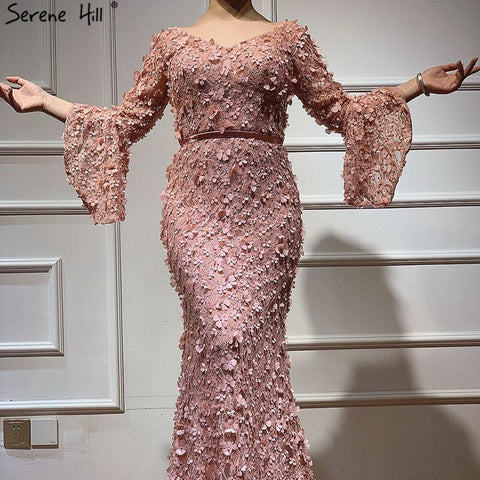 Sale Sexy V-Neck Blush Pink Mermaid Evening Dresses 2025 Handmade Flowers Long Sleves Evening Gowns LA60774