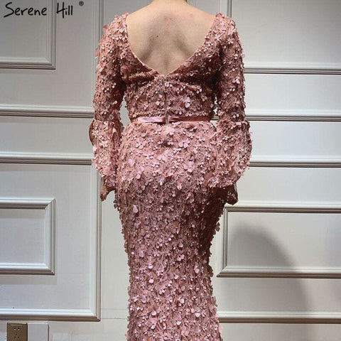 Sale Sexy V-Neck Blush Pink Mermaid Evening Dresses 2025 Handmade Flowers Long Sleves Evening Gowns LA60774