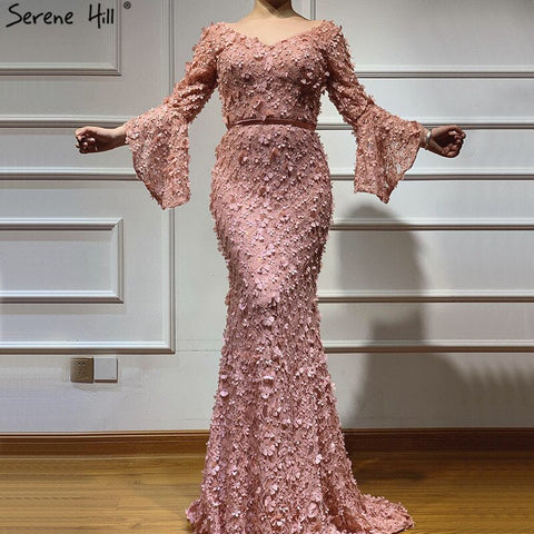 Sale Sexy V-Neck Blush Pink Mermaid Evening Dresses 2025 Handmade Flowers Long Sleves Evening Gowns LA60774
