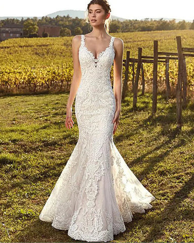 Sexy V-Neck Mermaid Wedding Dress 2023 Lace Boho Sleeveless Bride Gown Customized Buttons Pleats Illusion Back Vestido De Novia