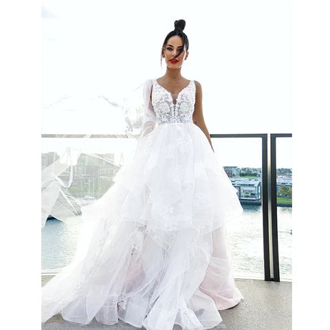Sexy V-neck Double Shoulder Wedding Dresses White Sleeveless Bohemian Formal Beach Wedding Party Bridal Gowns 2023 Backless Robe