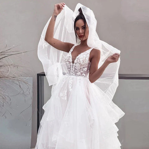 Sexy V-neck Double Shoulder Wedding Dresses White Sleeveless Bohemian Formal Beach Wedding Party Bridal Gowns 2023 Backless Robe