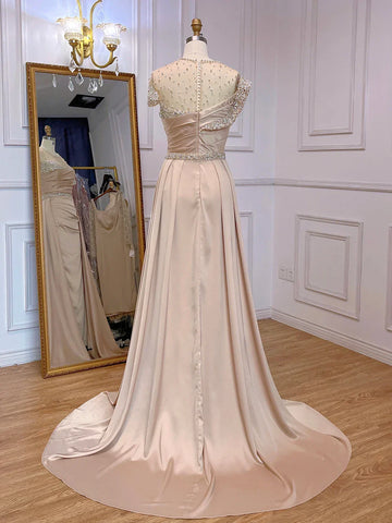 Arabic Nude Mermaid Elegant Satin With Overskirt Evening Dresses Gowns Luxury Beaded 2025 For Women Party LA71725