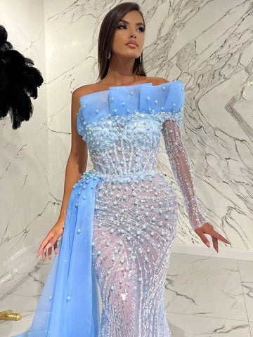 Vestidos de noche elegantes y sexys de sirena árabe azul con un solo hombro, colección 2025, con perlas de lujo y cuentas para fiestas LA71718 