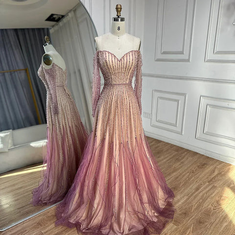 2025 Arabic Purple Elegant A-Line Beaded Long Evening Dresses Gowns for Formal Occasion LA72752