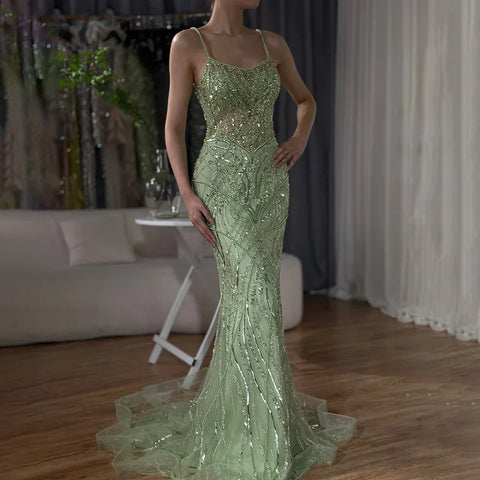 2025 Saudi Caramel Beaded Spaghetti Strap Arabic Mermaid Evening Dress Gown for Formal Occasion LA72733