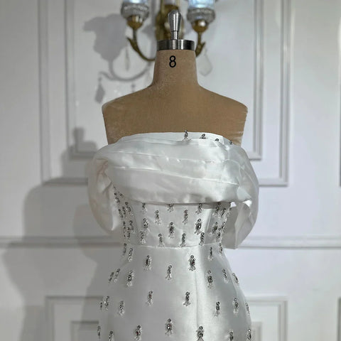 2025 Arabic Blue Beaded Crystal Ankle-Length Mermaid Satin Evening Dresses Gowns for Women Wedding Party LA72414A