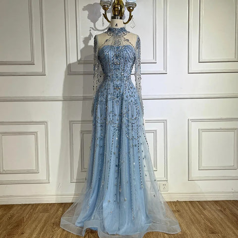 2025 Arabic A-Line Blue Lace Beaded Luxury Evening Gowns for Women's Party Dubai LA72704