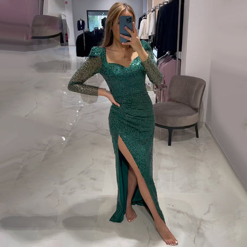 Green Mermaid Luxury Evening Dresses Gowns 2025 Beaded Elegant High Split For Women Party LA71664