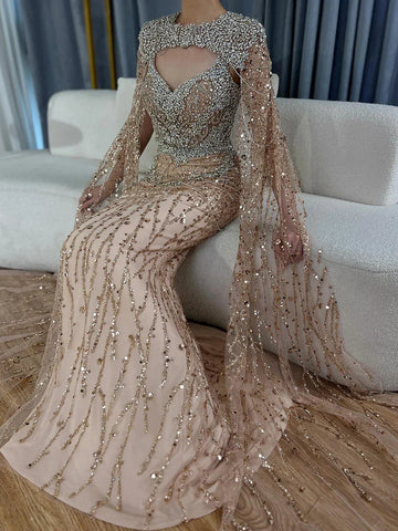 2025 Nude Mermaid Evening Dress with Beaded Crystal Removable Cape Sleeves Gown for Formal Occasion LA72539