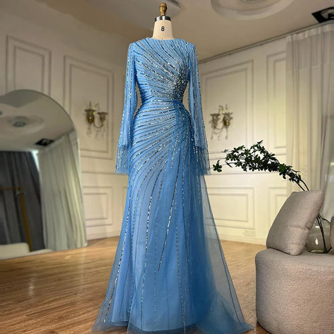 2025  Arabic Elegant Blue Beaded Saudi Evening Dresses Gowns for Formal Occasion LA72822