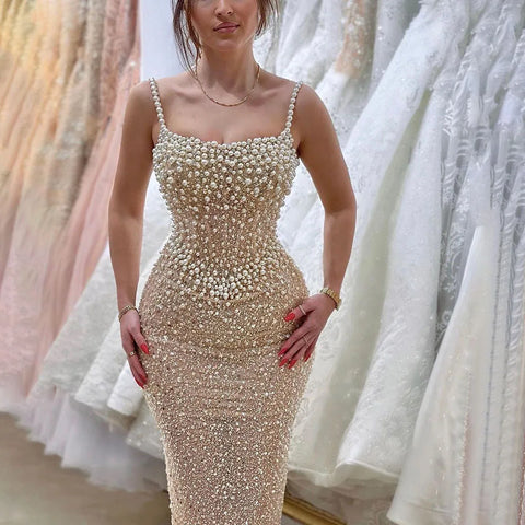 Nude Mermaid Evening Gown - Elegant, Luxurious, Pearls Beaded. Perfect for Women's Wedding Party in 2025. LA72321