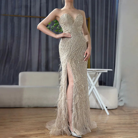 2025 Arabic Strapless Blue Beaded Feathers Luxury Dubai Evening Gowns with Side Skirt for Women Wedding party LA72695