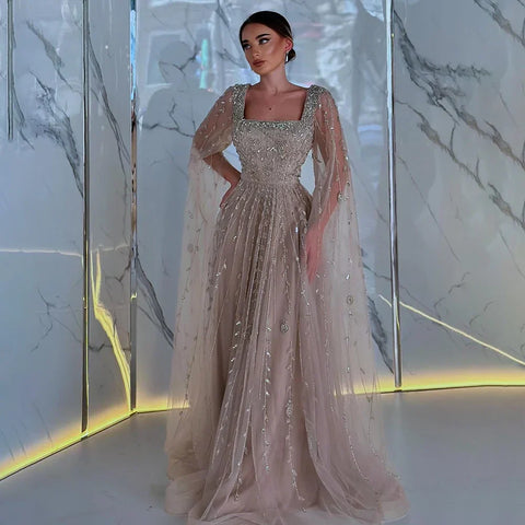 Muslim Caramel Beaded A-Line Luxury Evening Dress Gown with Cape Sleeves LA71803A