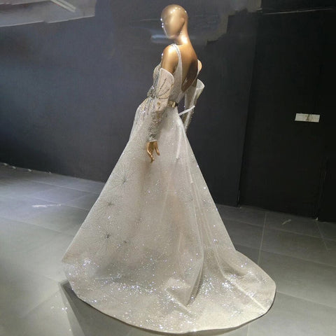 Silver Detachable Sleeves Evening Dresses Gowns 2025 Beaded Luxury A-Line For Women Party LA71534