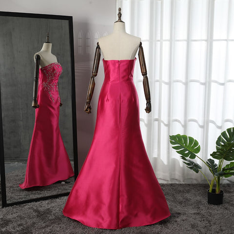 Vestidos de noche estilo sirena, corte sirena, sin tirantes, con chaqueta y cuentas, de satén fucsia árabe, para mujer, ideales para bodas y fiestas (LA71896) 